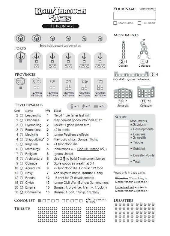 Roll through the Ages: The Iron Age - Extra Score Pad